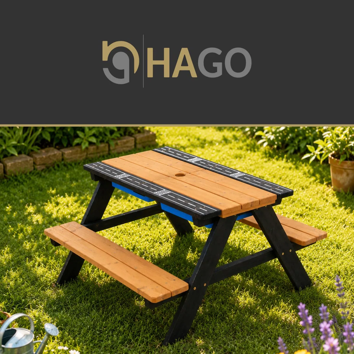 HAGO24 | Kindersitzgarnitur | Kindersitzbank | Spieltisch | Matschtisch | Picknickbank | Tanne | Kunststoffschale | Autospielfläche | Sonnenschirmloch