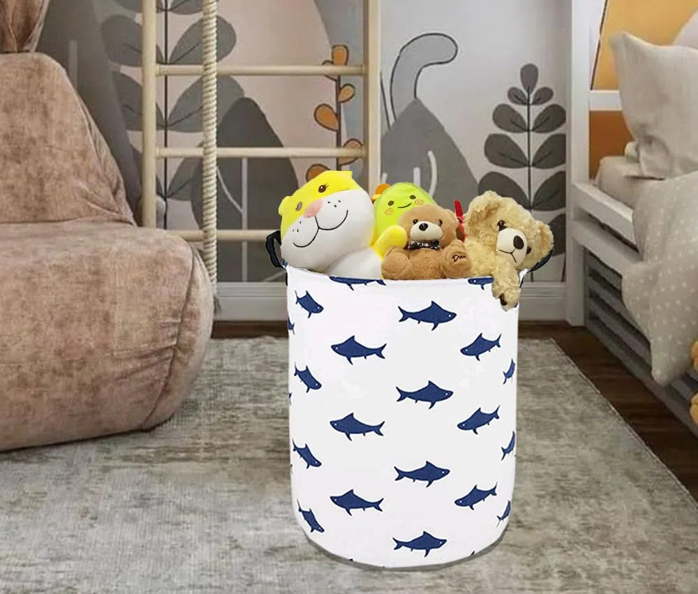 Runder Wäschekorb mit Haifisch-Muster, Aufbewahrungskorb, Stoffmaterial, Aufbewahrungskorb, Aufbewahrungskorb, Geschenkbox, mit Griffen für Zimmer