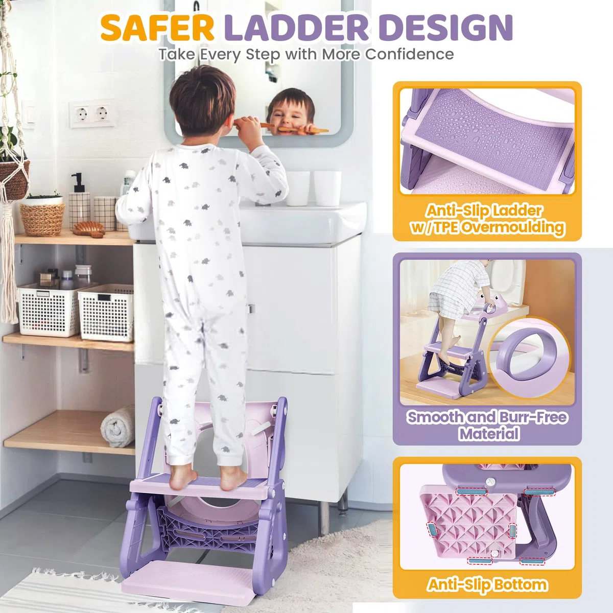 Orzbow Toilettensitz Kinder, Stabil Kinder Toilettensitz mit Treppe und Dreiecksstruktur, Verlängerter Pedal- und Spritzschutz und PVC-Polster, Rutschfest und Faltbar, Frosch, Violett-Rosa