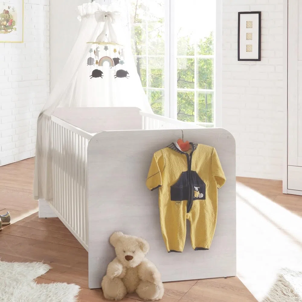 Lomadox Babyzimmer Set in Pinie weiß Nb./Trüffel Eiche Nb., Landhaus Design