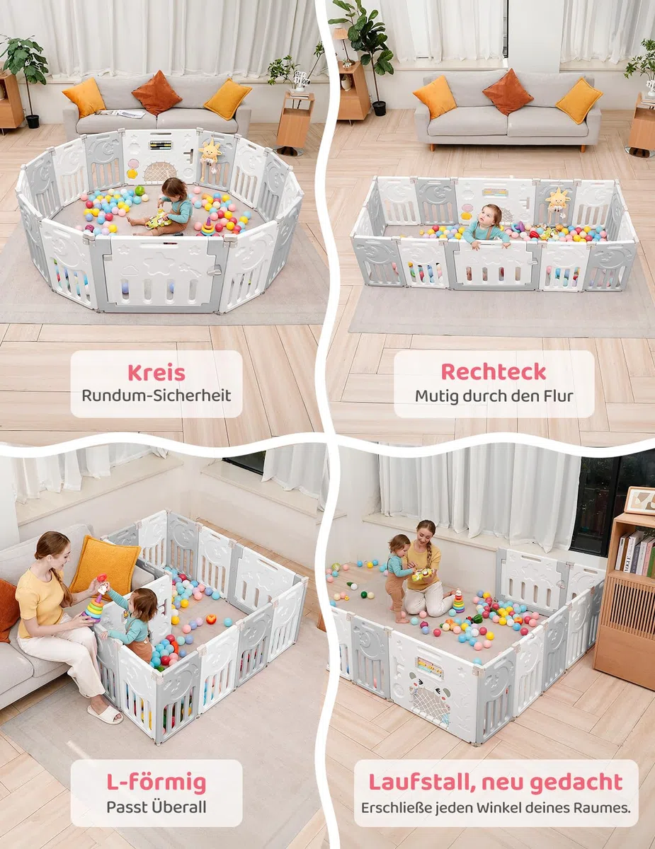 Dripex Laufstall Baby Faltbar, for Baby & Toddlers Kleinkinderzimmer, Möbel | Großes Laufgitter Baby mit verstellbarer Form,Erweiterbar mit Tür und Spielbrett für Innen/Außen,14 Panels/150x150cm/GrauWeiß