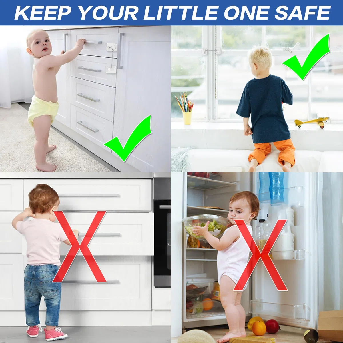 Securite Fenstersicherung für Kinder, Sicherheitstür, 10 Stück mit 10 Schlüsseln, für Kinder, leistungsstark, selbstklebend, für Tür, Kühlschrank, Schrank, Fenster, Schubladen, Blöcke (quadratisch)
