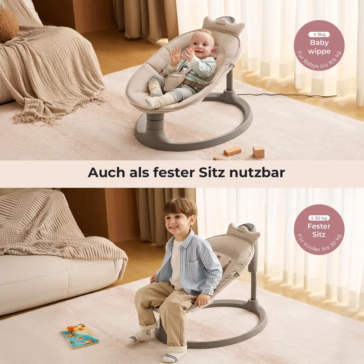 Momcozy 2-in-1 Elektrische Babywippe, 4 Bewegungen & 4 Geschwindigkeiten, Doppelarm-Struktur, 2 Liegepositionen, Wiegenlieder & Plüschspielzeug, Ab Geburt bis 30 kg, 0-6 Jahre