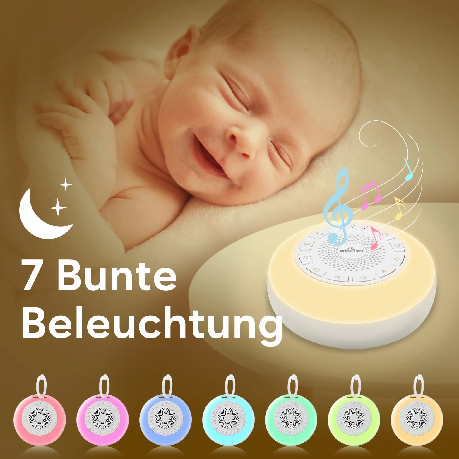 Easy@Home White Noise Machine: Tragbare Einschlafhilfe Babys mit weißem Rauschen | Nachtlicht | 26 Beruhigende Schlaflieder & Naturgeräusche | 3 Timer-Einstellungen | 7 Bunte Beleuchtung & USB