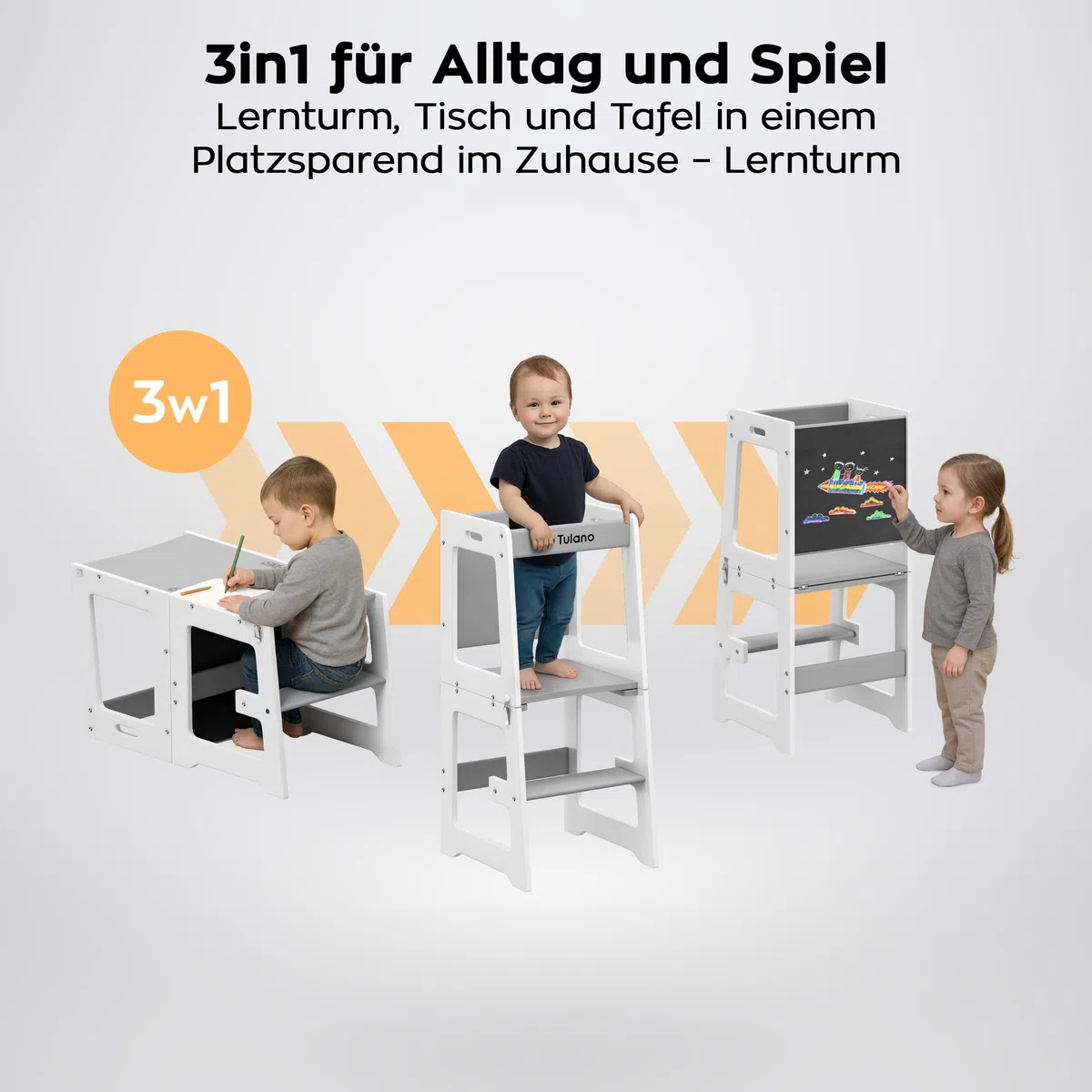 Tulano Mooby 35 Lernturm 3 in 1 für Kinder ab 1 Jahr - Stabil bis 60kg | Montessori Kitchen Helper umbaubar zu Tisch mit Stuhl & Maltafel - Kindermöbel aus MDF - Tritthocker Küche - Grau
