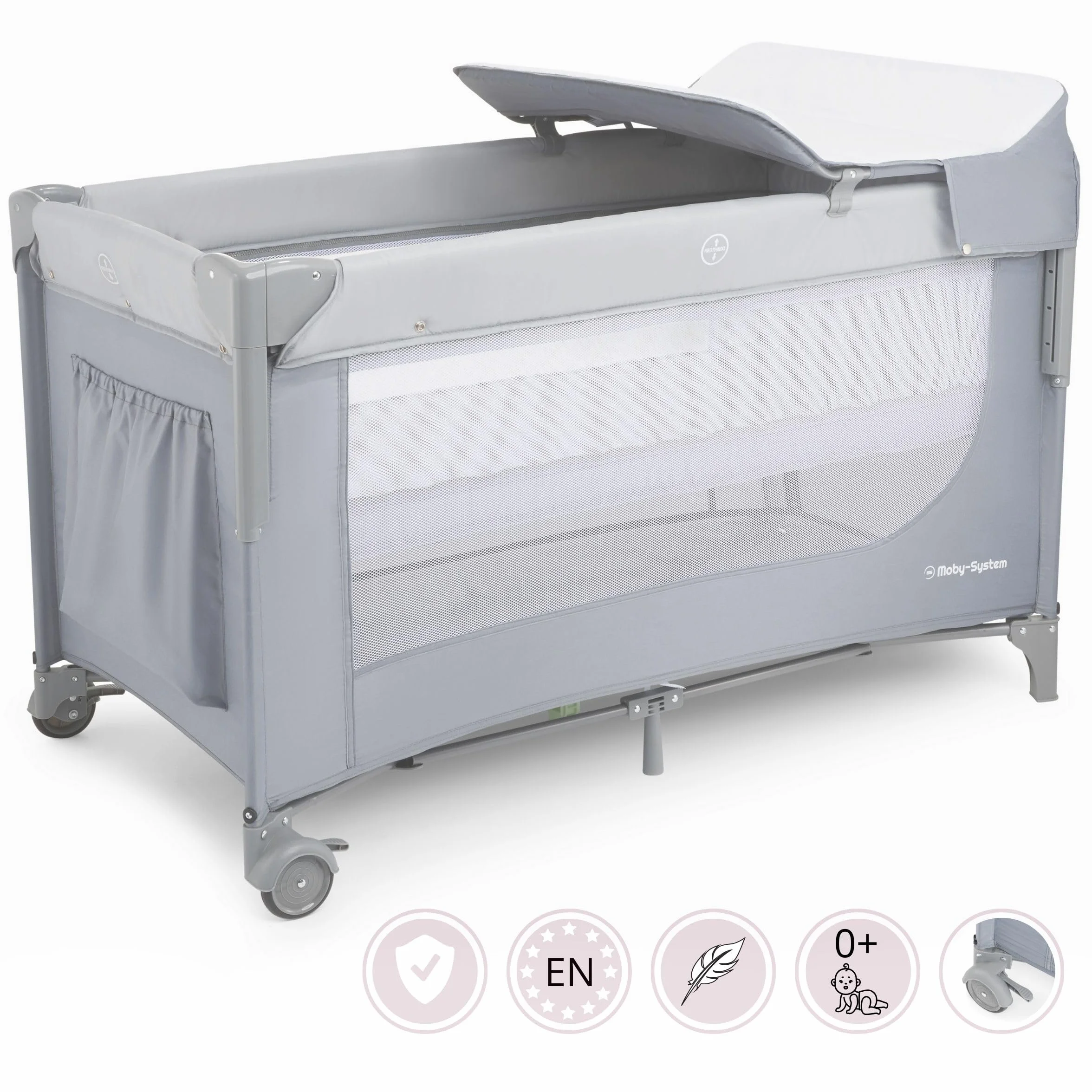 Moby-System Closely 3in1 Beistellbett Baby - Reisebett Baby mit Wickelauflage, Matratze, Transporttasche - Höhenverstellbares Beistellbett, Laufstall (6 Teile)
