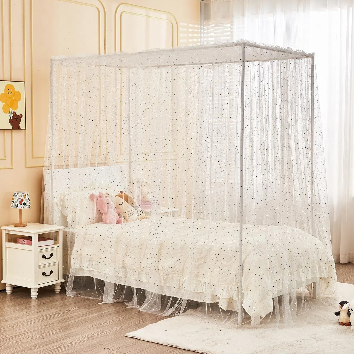 Weißer glänzender Betthimmel mit Lichtern für Mädchen und Kinder, 4 Eckpfosten, Mond, Sterne, Pailletten, Prinzessin, Betthimmel, Bettvorhänge für Schlafzimmer, Dekoration (voll, weiß)