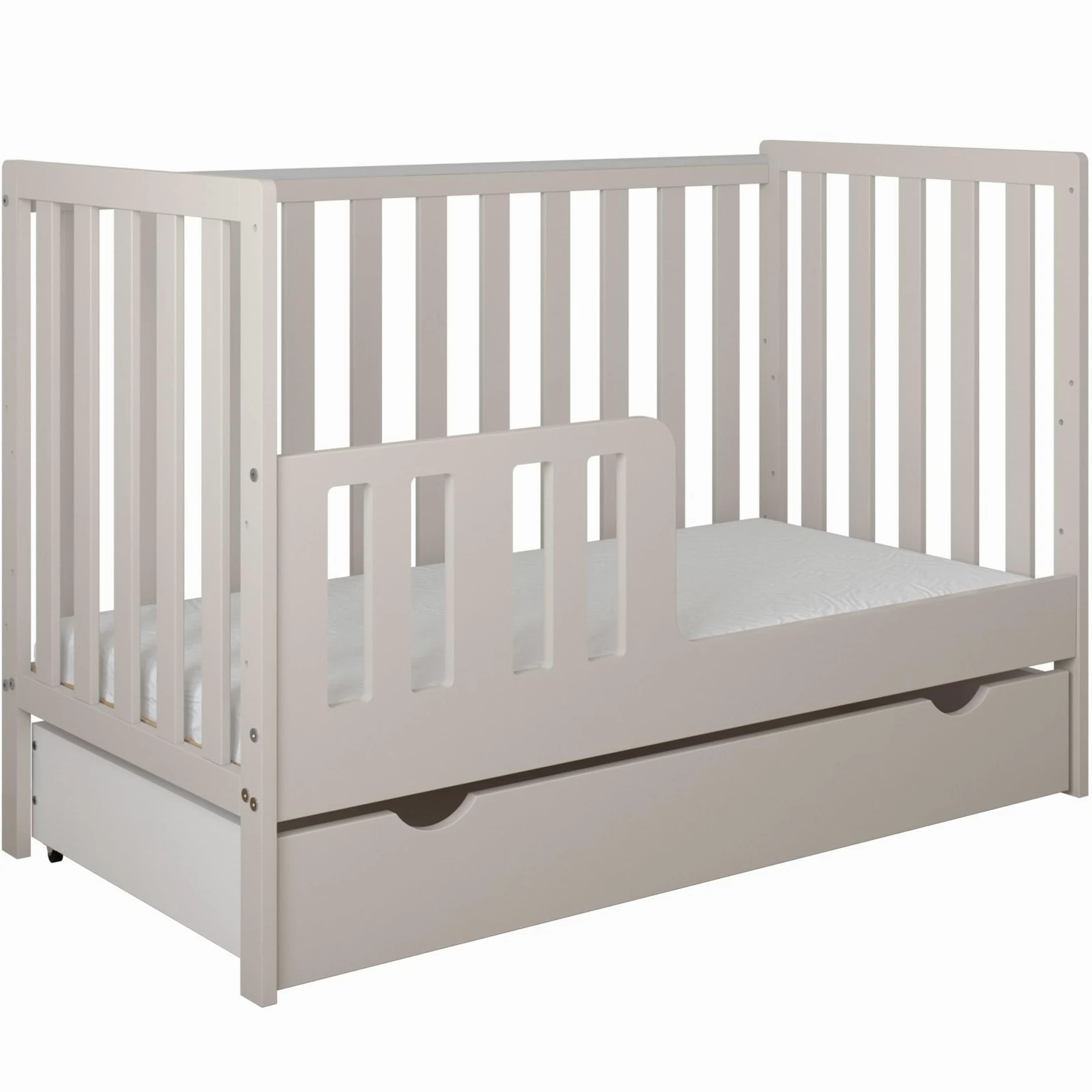 zee Bambi Kaschmir Babybett Set 120x60 cm mit Schublade & Barriere + Wickelkommode LOFT mit Wickeltisch Babyzimmer Möbel Set Kinderbett Umbaubar zum Juniorbett Baby Bed Robustes Gitterbett