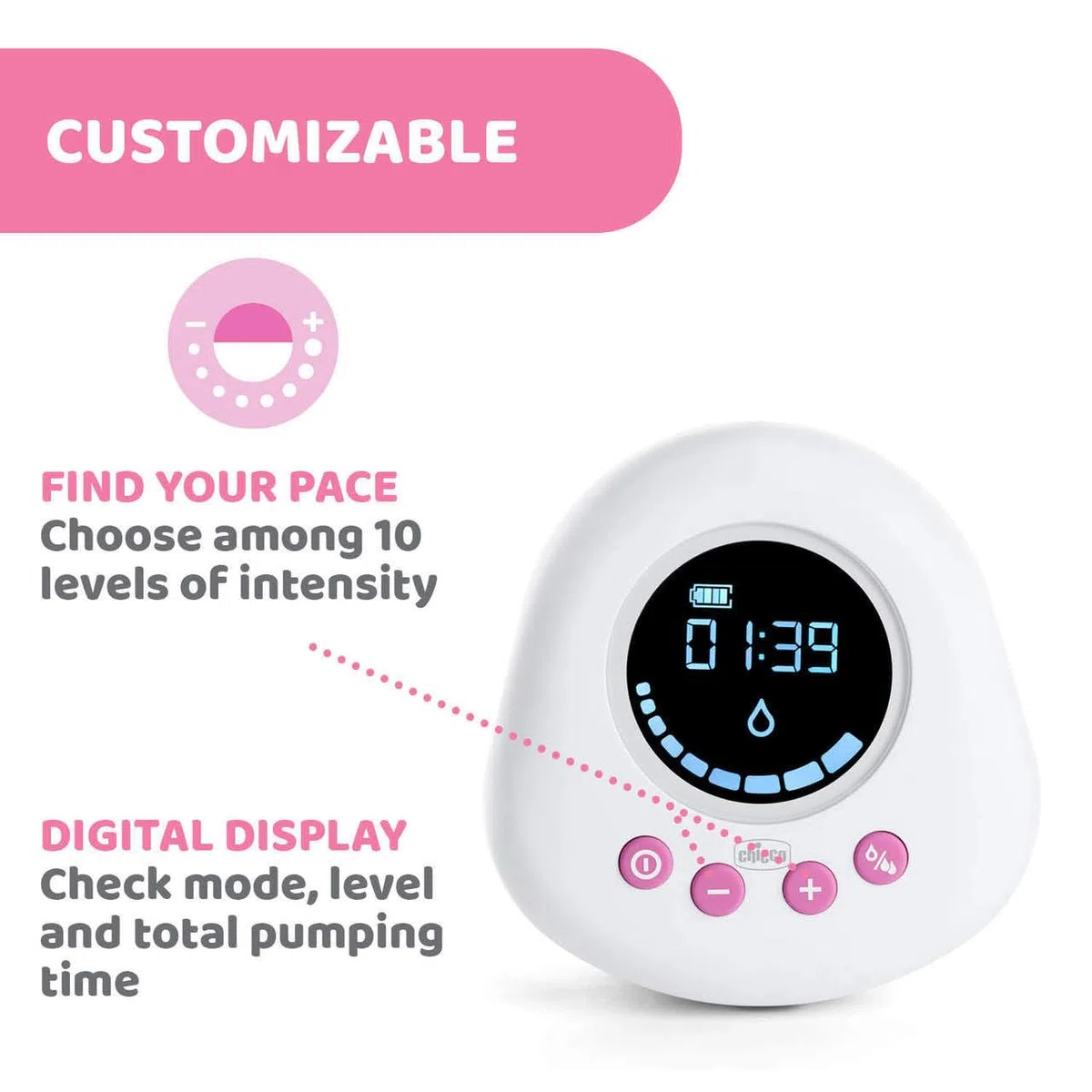 Chicco Elektrische Milchpumpe mit Stimulations- und Extraktionsphasen, 10 Intensitätsstufen, Komfortabel und schnell, ergonomische Form, mit geneigtem Sauger und auslaufsicherem Deckel, Weiß, 150 ml