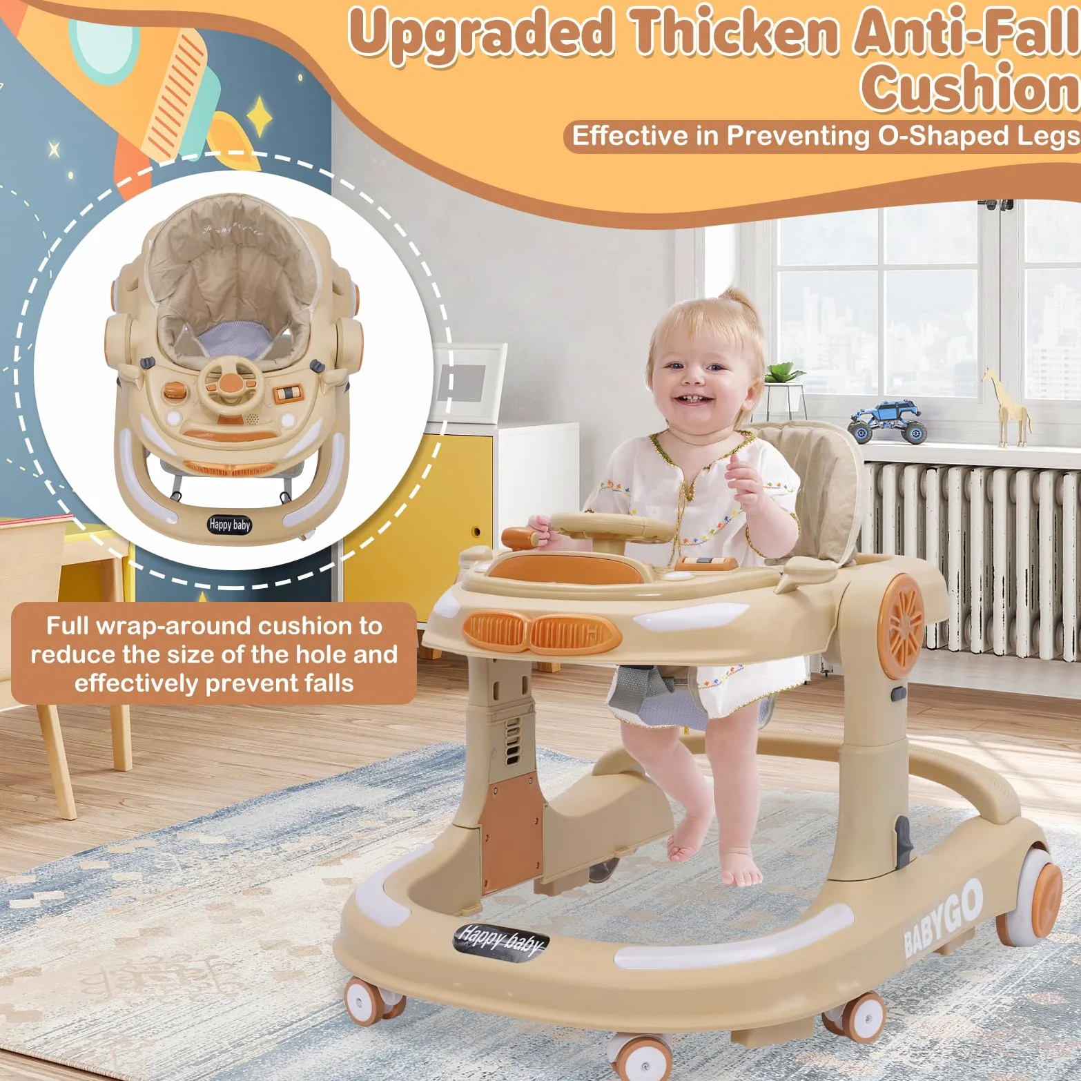 4 in 1 Lauflernhilfe, Baby Walker Höhenverstellbar, Gehhilfe mit Esstablett, Spielcenter, Bodenmatte und Bremse, Anti-Collision Design, Faltbarer Lauflernwagen Baby ab 6 9 18 Monate