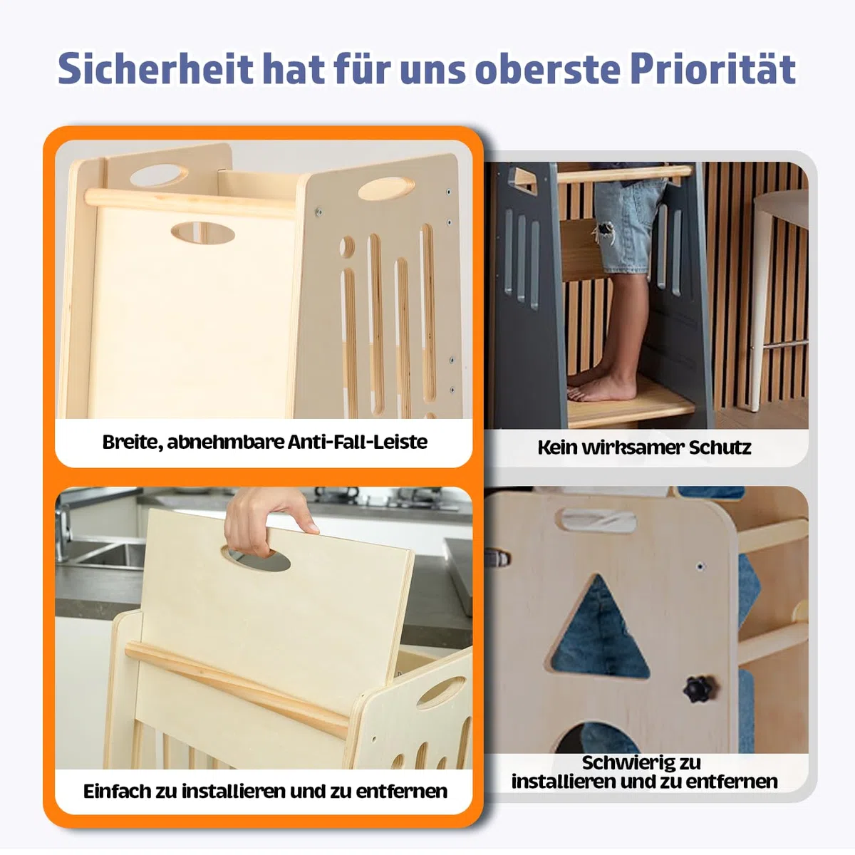 Kleinkind Tritthocker Kinderhocker, Höhenverstellbar (Naturfarbe) | Sicher & Stabiler Toddler Tower & Lernhocker ab 1 Jahr | Mit Sicherheitsbarriere, Kippschutz & Höhenverstellbar