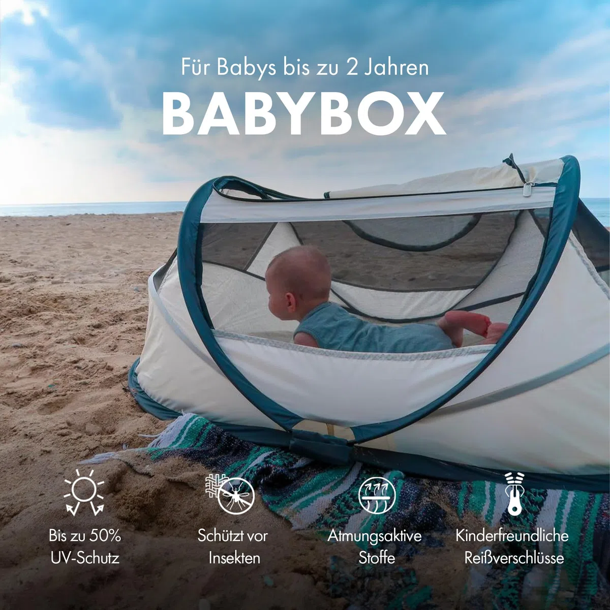 Deryan BabyBox Campingbett - Leicht, Kompakt und Faltbar -Aufgeklappt in nur 2 Sekunden -50% UV-Schutz - flammhemmendes Gewebe - Inklusiv Schlafmatte, Moskitonetz und Tragetasche - Creme