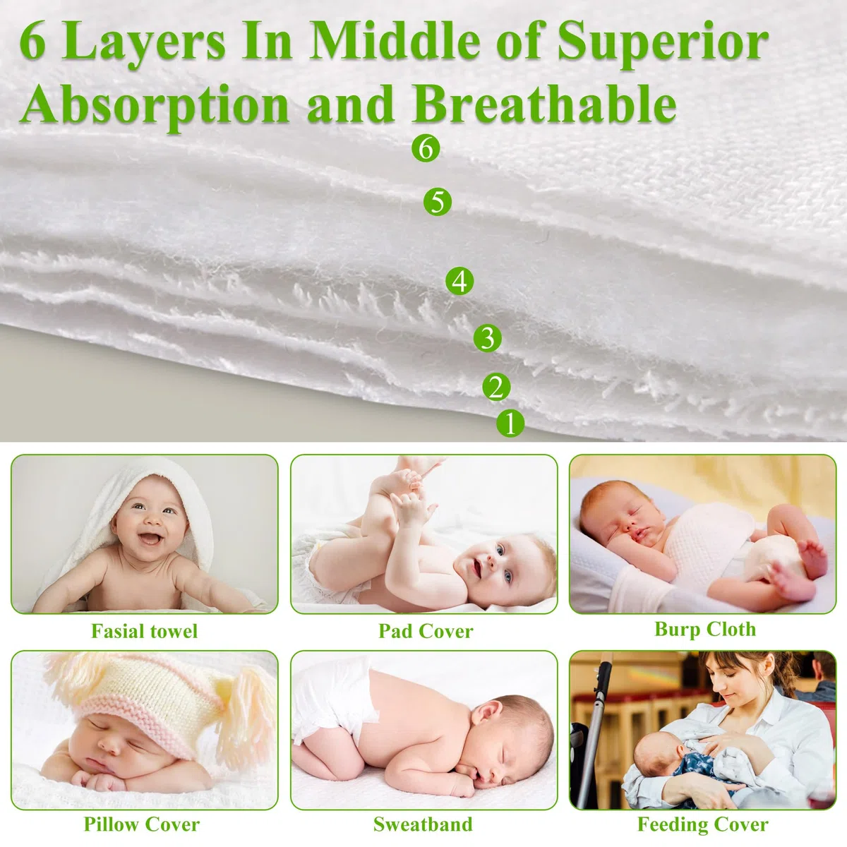 6-lagige vorgefaltete Stoffwindeln, Spucktuch, 100 % Baumwolle, Weiß, Fasoar dick, waschbar, saugfähig, für Babys und Kleinkinder, vielseitig verwendbar (10-35 lbs) 5/6/10/12 Count