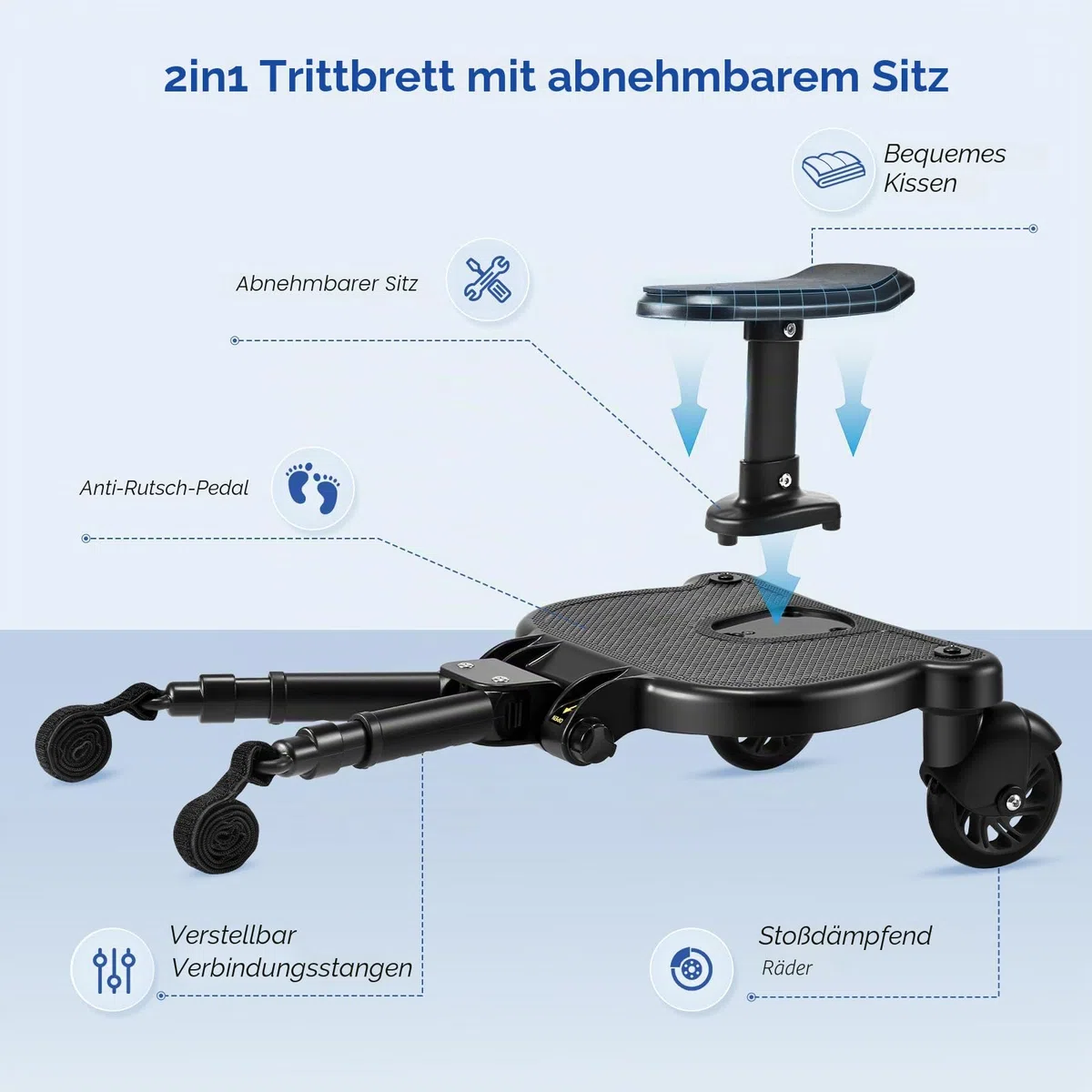 Mevip Buggy Board mit Sitz, Trittbrett Mitfahrbrett Universal, Kinderwagen Board mit Kinderwagen Organizer und Aufhängegurt,für 99% der Kinderwagen, Bearing 25KG