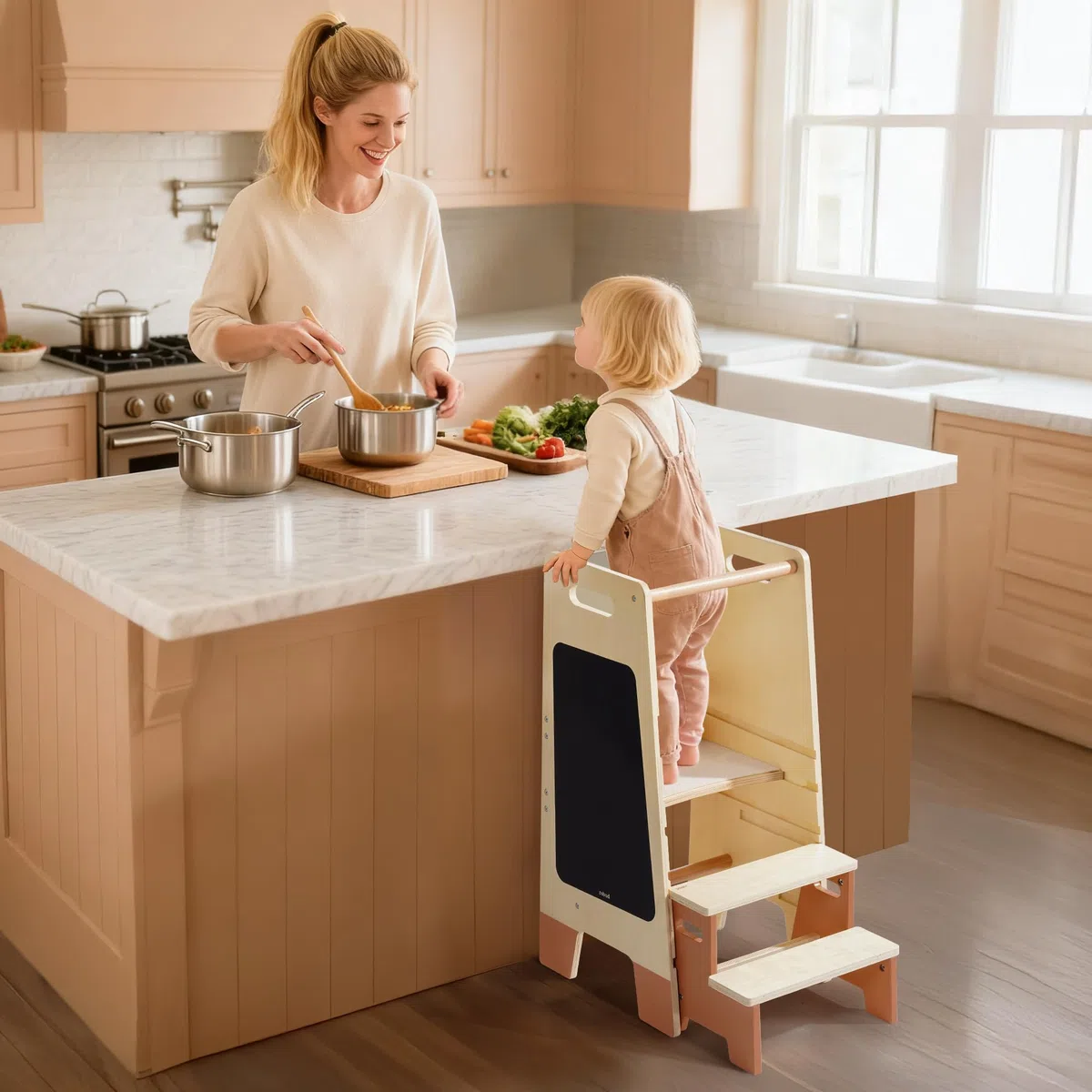 ROBOTIME Tritthocker aus Holz für Kleinkinder mit Sicherheitsgeländer & Tafel – Montessori Küchenhelfer für Kinder ab 2 Jahren, Badezimmer- & Kindermöbel