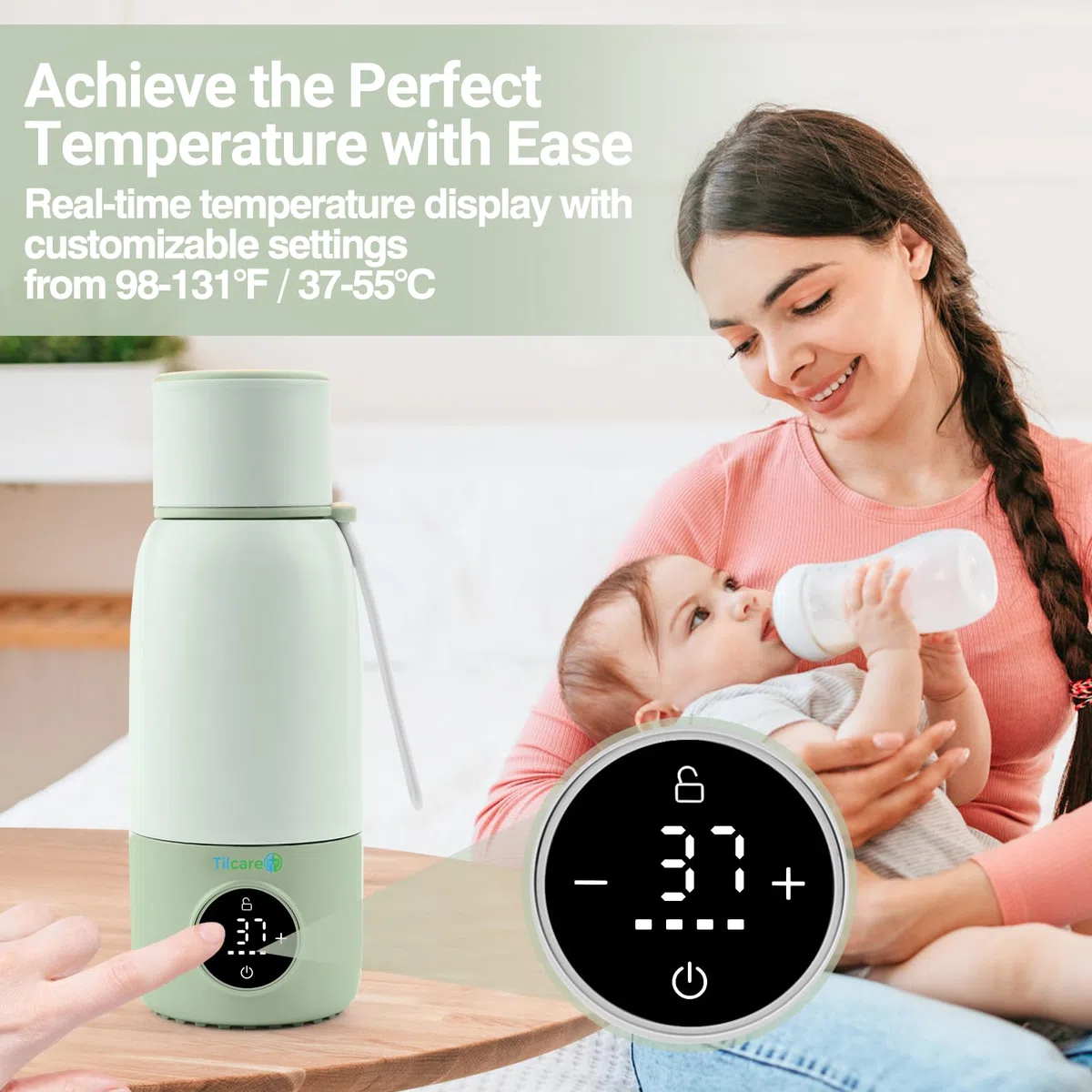 Wiederaufladbarer Milchwärmer mit Formeldispenser von Tilcare - 17oz/500ml, Schnelle Erwärmung, Präzise Temperaturkontrolle, Bis zu 12 Stunden Milchwärme mit LCD-Anzeige - Grün