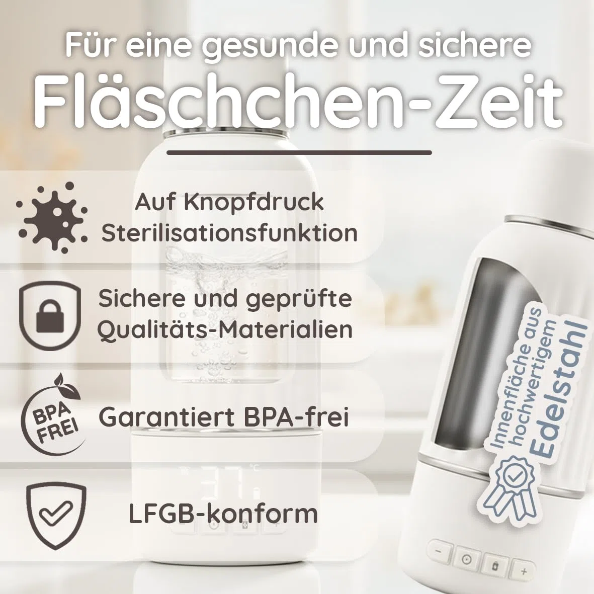 Baby Flaschenwärmer 500ml BPA frei & Sterilisation Schnellaufheizen in 3 Min tragbarer Milchwärmer & Muttermilch Erwärmer mobiler Wasserwärmer Portable Warmer mit Akku (matt weiß)