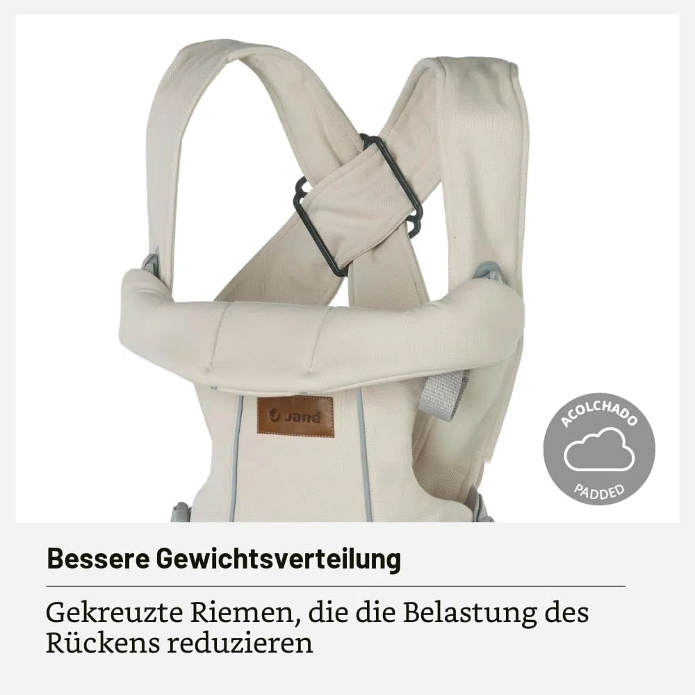 Jané Dual Ergonomische Babytrage, Ab Geburt (3,5–15 kg), 3 Tragepositionen, Gepolstert und Atmungsaktiv, Beige