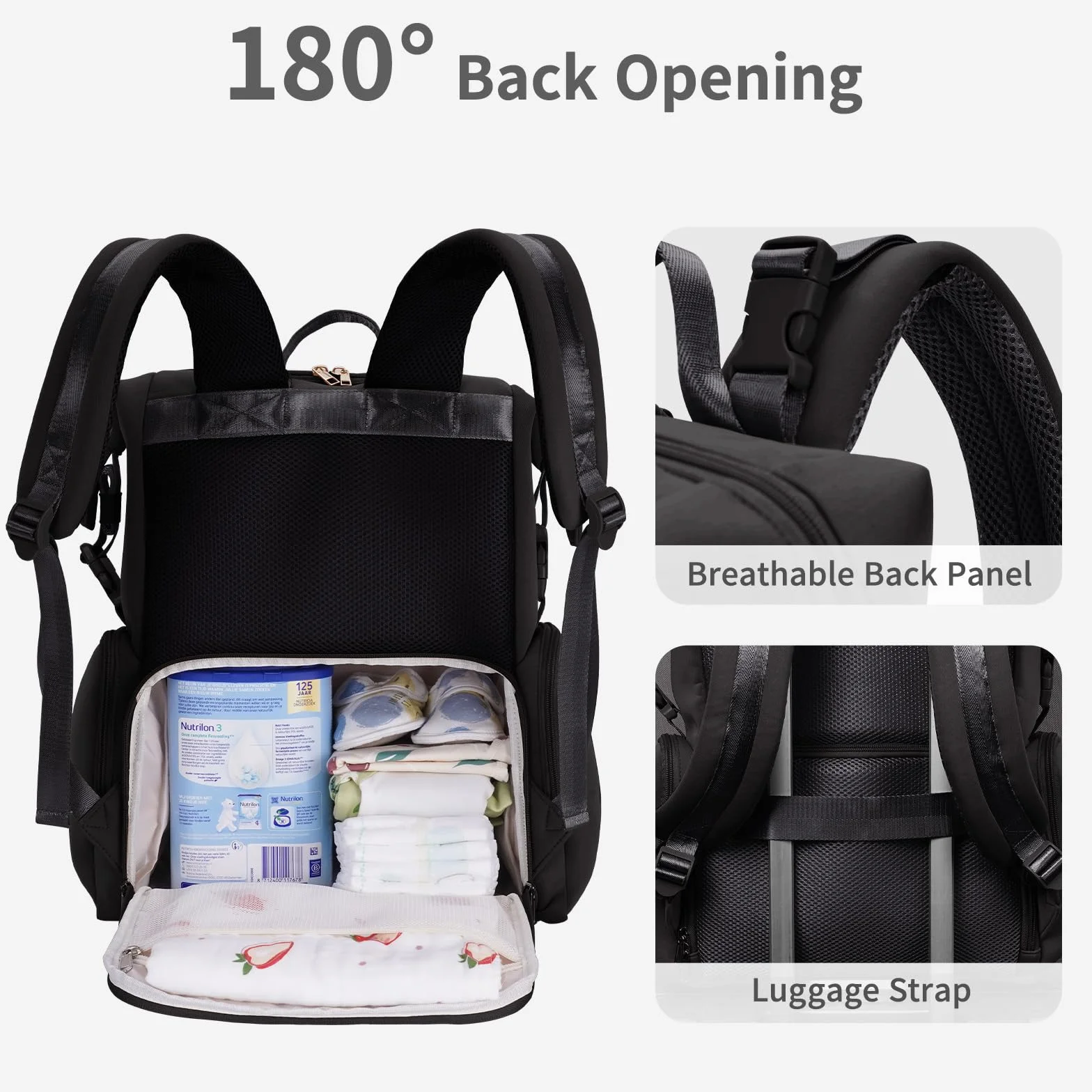 CEI-CEI Baby Wickeltasche/Rucksack mit Isolierter Flaschentasche, Wasserdichtes Neoprengewebe, Wickelrucksack Groß, Windeltasche für Unterwegs Mommy Bag mit Wickelunterlage (Schwarz)