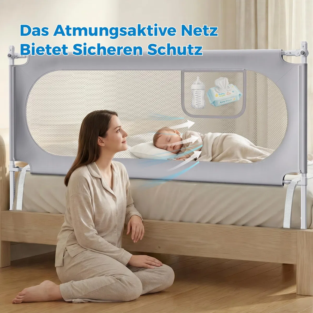 Stabiles Bettgitter 200cm – Rausfallschutz Bett U-förmiges für Boxspringbetten und die meisten Bettarten, Bettschutzgitter mit 2 Sicherheitsgurten für Kleinkinder geeignet