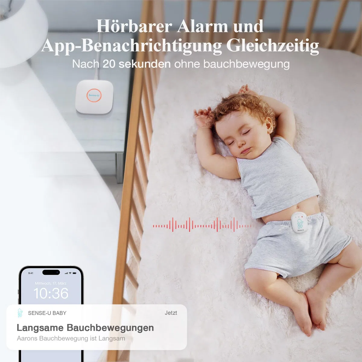 Sense-U Baby Monitor 3 mit Kamera,Babyphone,das Sie bei Bauchbewegungen,Rollen,Temperaturen und Erkannten Bewegungen Benachrichtigt, mit Nachtsicht,2-Wege-Sprechfunktion und Großer Reichweite