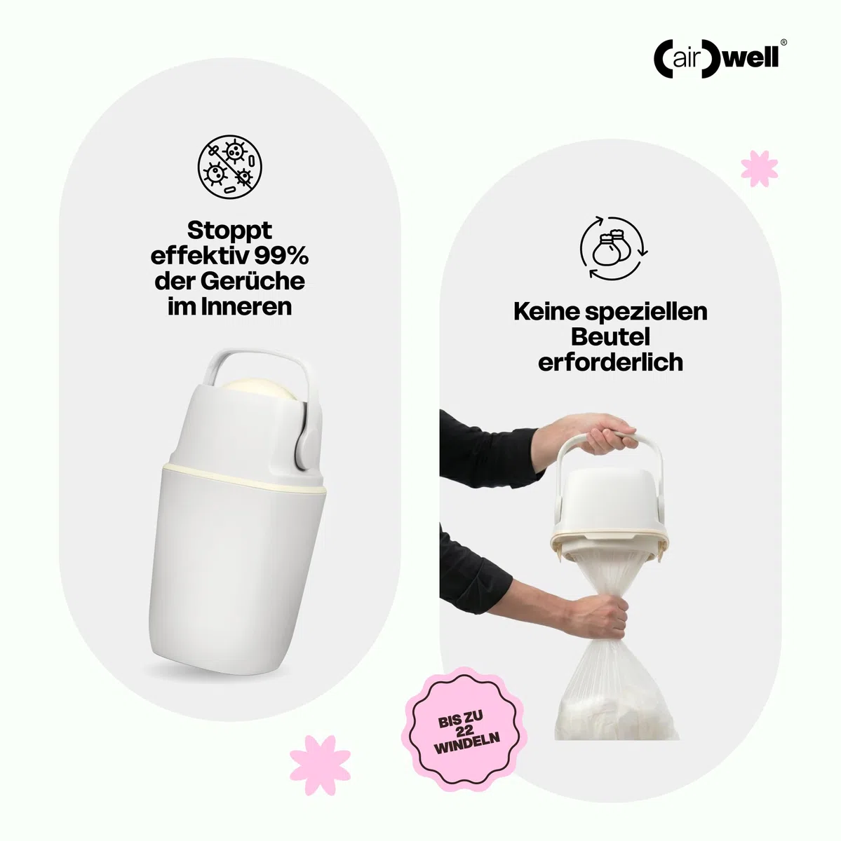 (air)well bin Windeleimer Geruchsdicht – Windelmülleimer mit Geruchsstopp-System, Einhändige Bedienung, Kapazität bis zu 22 Windeln, Hygienischer Wickeleimer für Badezimmer & Babyzimmer (Grey)