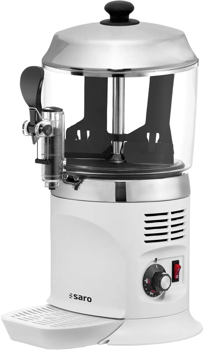 SARO Kakaodispenser – 5 L – Weiß – Rührwerk – Edelstahl-Deckel – Temperatur 30–90 °C – Abnehmbarer Behälter & Zapfhahn – Modell NINA