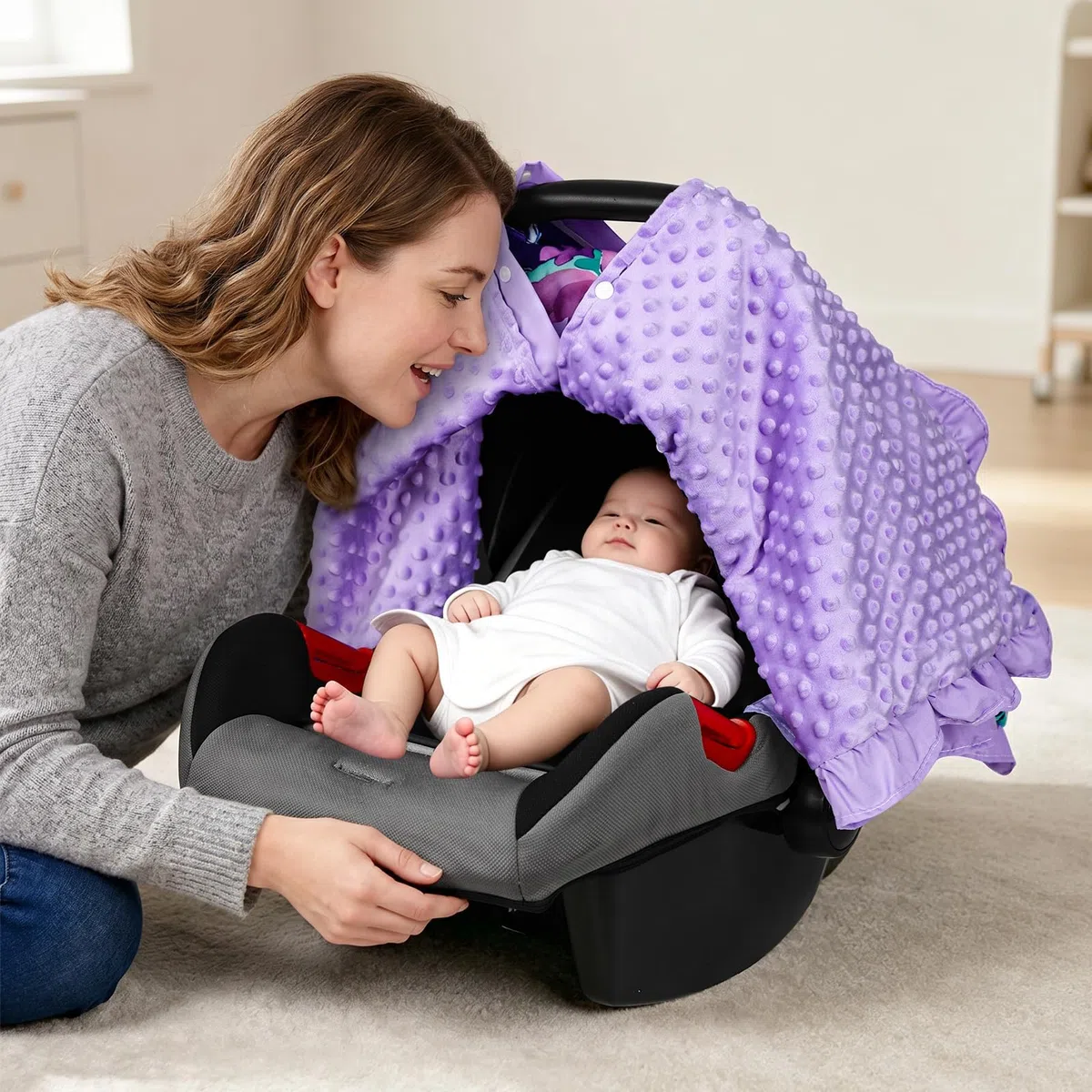 TANOFAR Ruffle Baby Mädchen Autositzbezug, Peekaboo Öffnung Autositzbezug für Babys, weiche und atmungsaktive Babytrage Baldachin, Mehrzweck-Babytrage, lila Blume