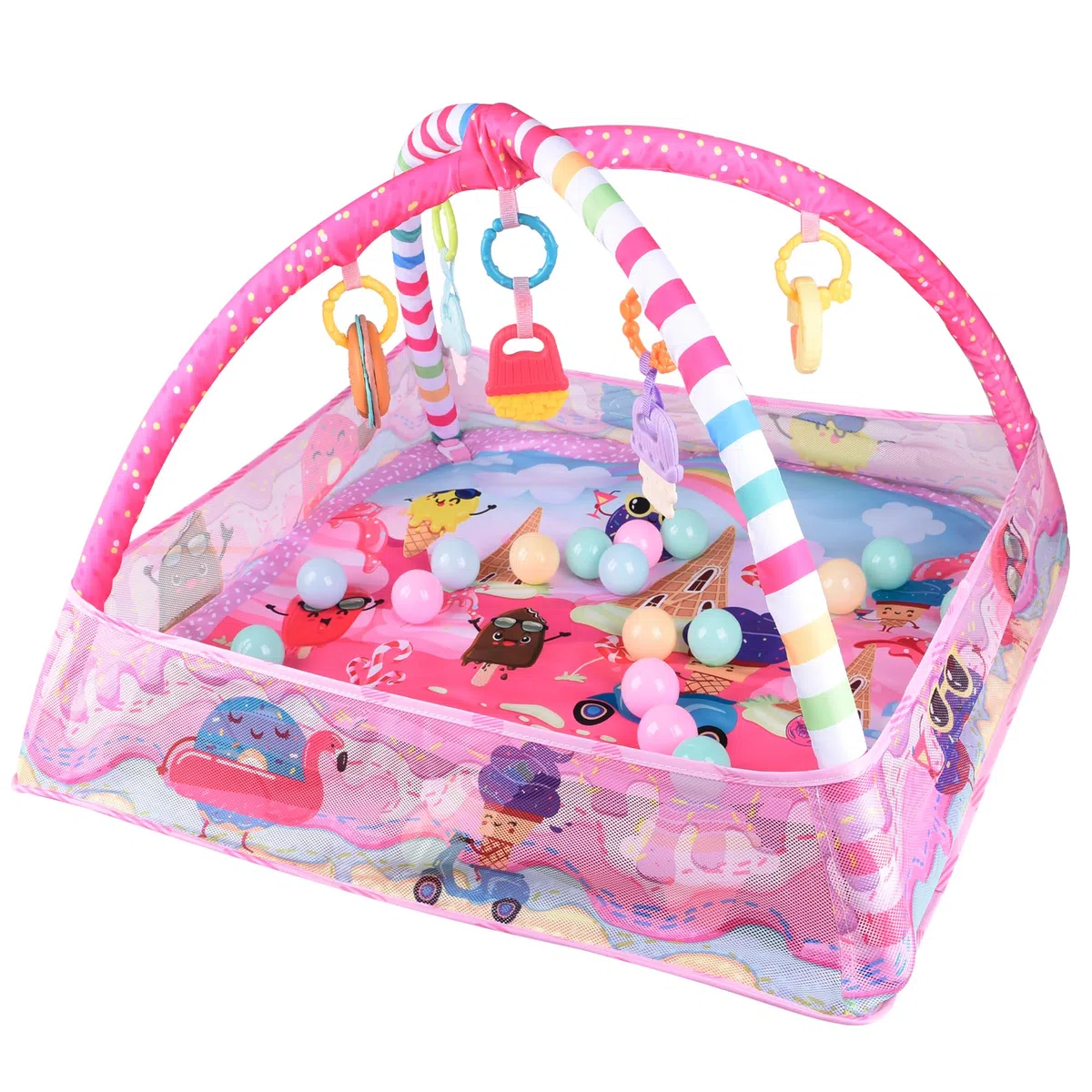 Bebamour Baby Spielmatten Bodenturngeräte von Geburt an, 18 Bälle, 5PCS Hängespielzeug, weiche Baby Play Activity Gym Spielmatten Bodenturngeräte für 0-24Monate(Pink)
