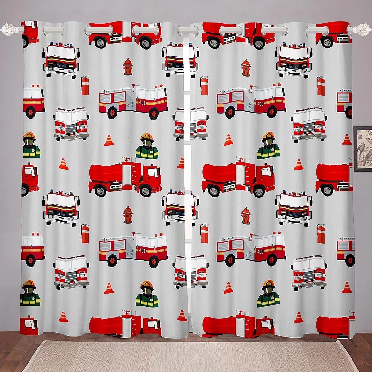 Loussiesd Kinder Feuerwehrmann Fenstervorhang 175x140cm Jungen Feuerwehr Feuerwehrmann Blickdichte Vorhänge Rotes Feuerwehrauto Fahrzeug Muster Vorhänge für Mädchen Schlafzimmer Dekor