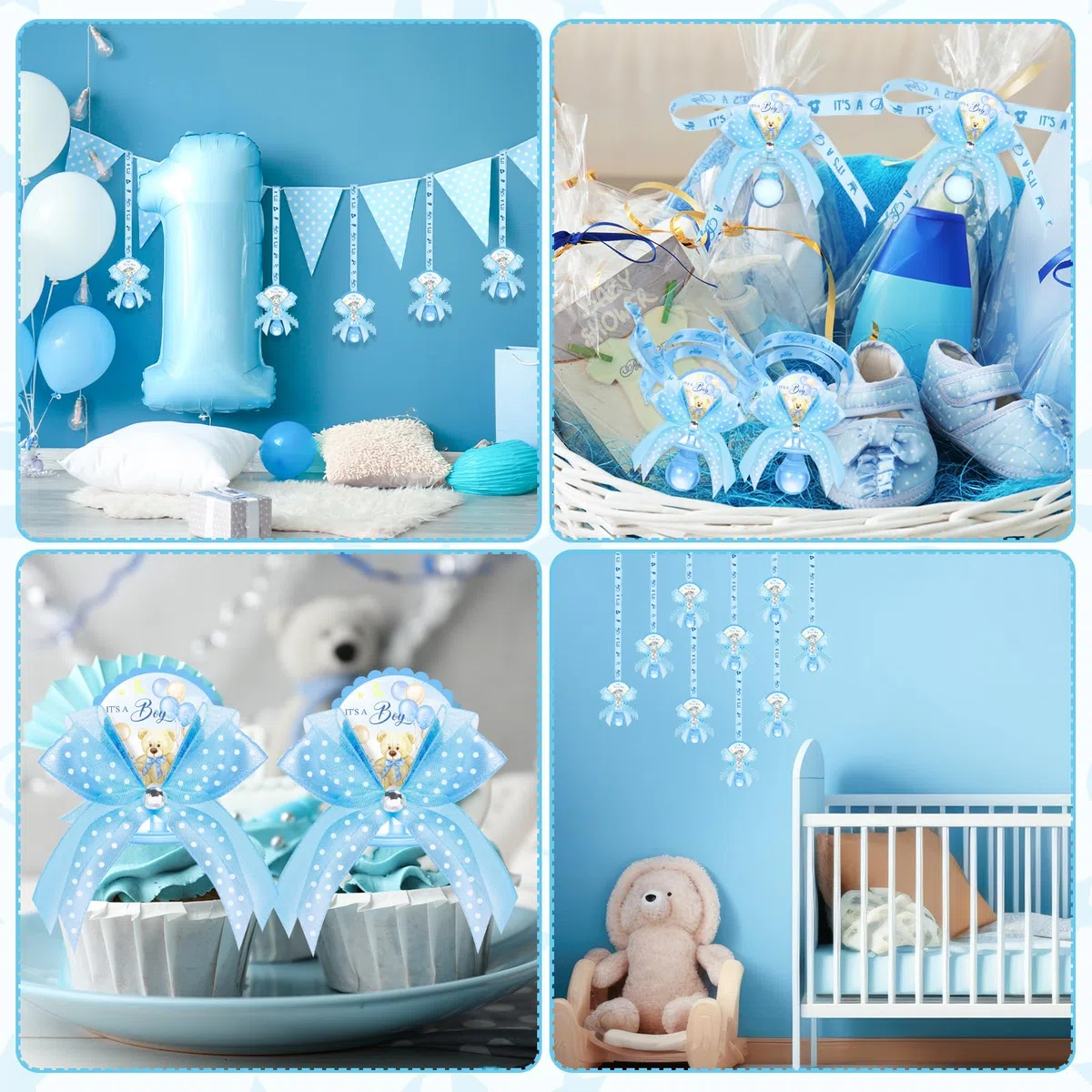 Threlaco 60 Stück Schnullerhalskette für Babypartys, niedlicher Bär, Acryl, Baby-Schnuller, Schnuller, Halskette für Babyparty, Party, Dekoration, Tischstücke (Blau, eleganter Stil)