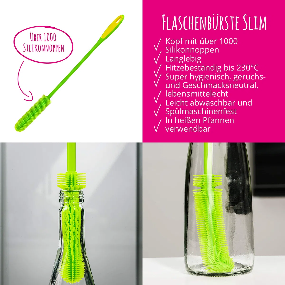 Kochblume Silikonbürsten 3er Set mit Wechselköpfen | Flaschenbürste, Spülbürste, Antibakteriell, Keimfrei (anthrazit)