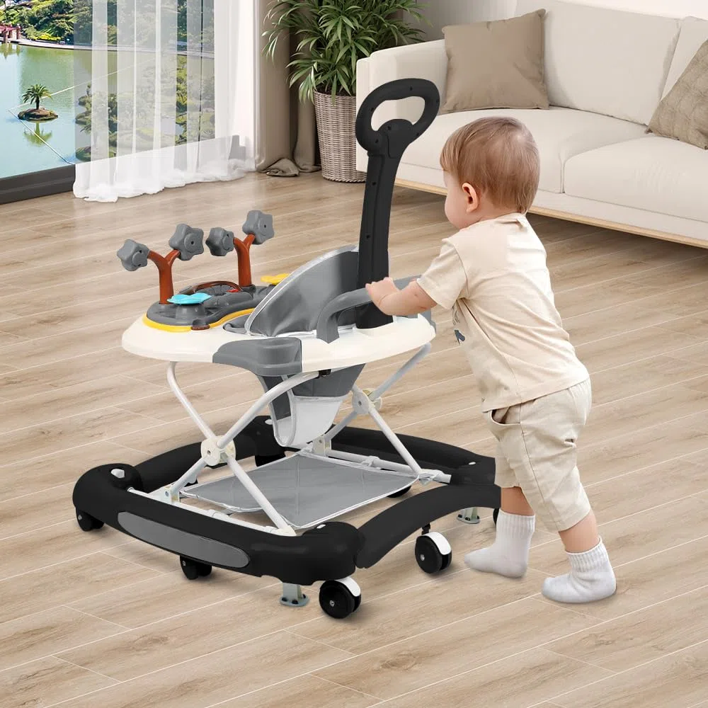 5-in-1 Lauflernhilfe für Babys, 5 Höhenverstellung und Klappbar, Gehfrei Babywalker ab 6 Monate, bis zu 20 kg mit Fußmatte+Schub+Sonnenschutz (Schwarz)