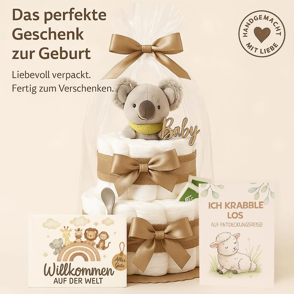 Windeltorte Mädchen & Junge mit Koala Greifling - Boho Vintage [Handmade] – Baby Geschenk zur Geburt mit Koala-Greifling, Premium Windeln & Bio-Tee – Windeltorte Neutral & für Babyparty