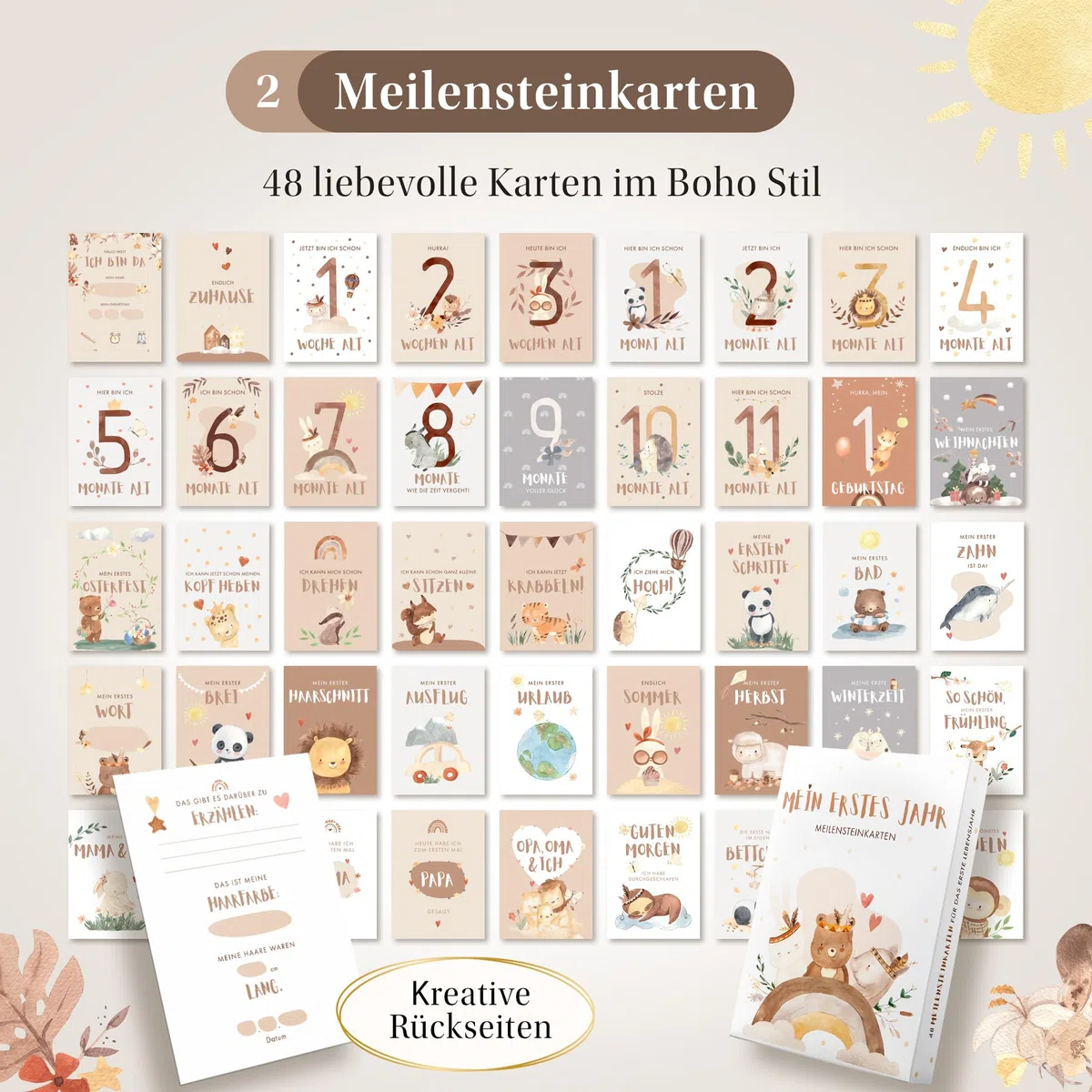 EULENTALER® 3in1 Babyalbum Set: Babytagebuch „Mein erstes Jahr“ + Meilensteinkarten + Abdruckset + Box - Geschenk zur Geburt für Junge & Mädchen