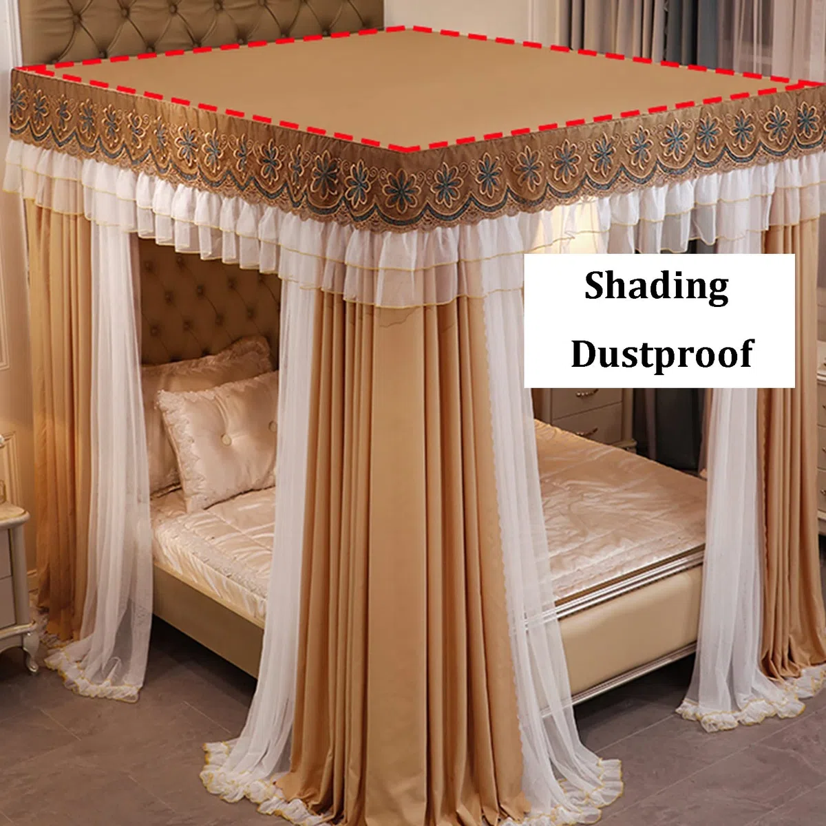 Luxuriöses Moskitonetz mit Himmel für Bett, Schlafzimmerdekoration, Prinzessinnen-Bettvorhang, 4 Stangen (Größe: 180 x 220 x 200 cm)