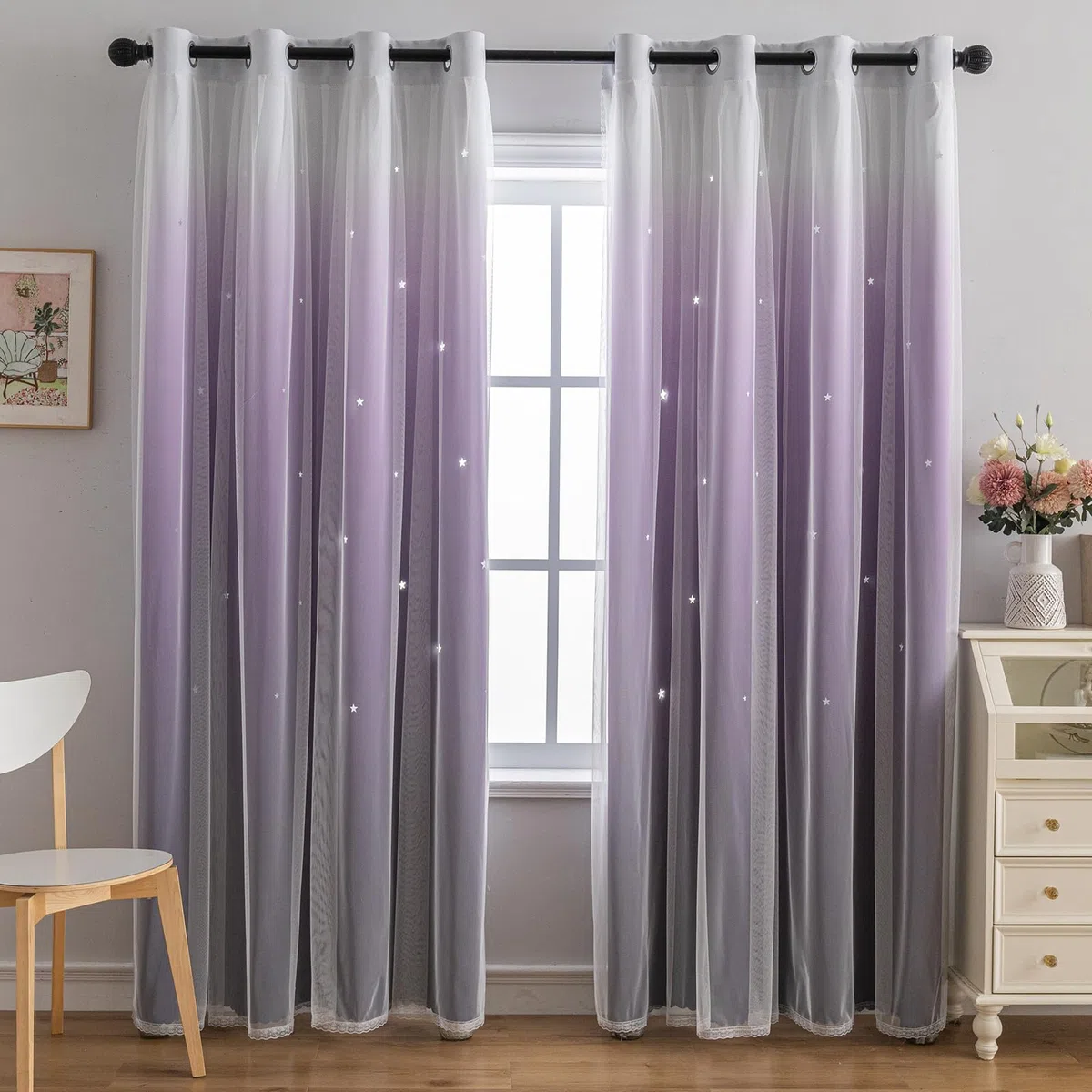 indistar Verdunklungsvorhänge für Schlafzimmer, 2-lagiges Design aus Stoff und Tüll, hübscher Fenstervorhang für Kinderzimmer, 1 Paneel (B132 x L213 cm Dunkelviolett)