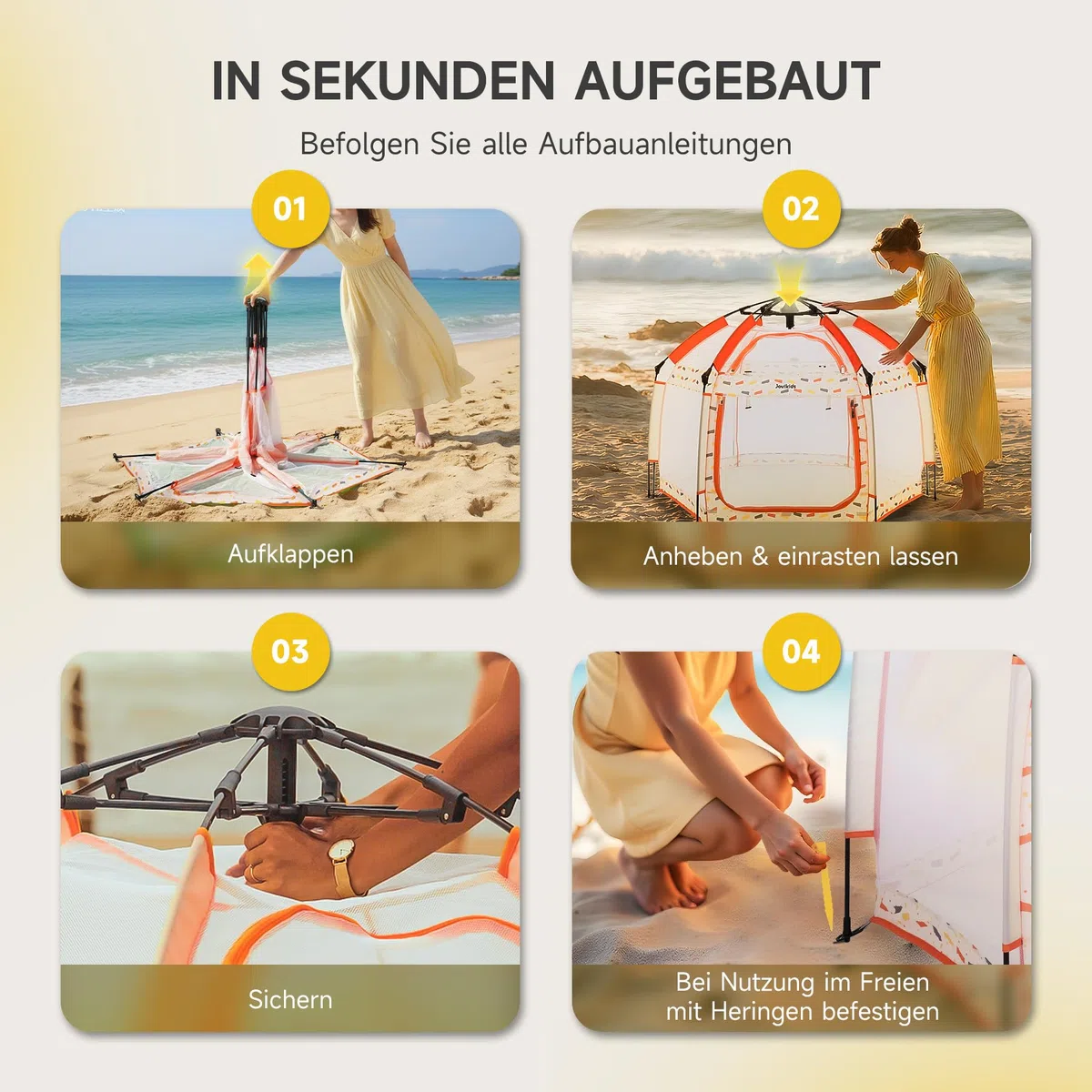 Jovikids Faltbarer Laufstall Baby mit Baldachin, Pop-up Zelt Kinder Outdoor, Großer 6 Eckig Playpen mit Tragetasche für Haus, Garten, Strand, 150x150x105cm