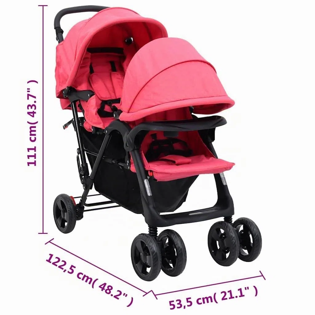 vidaXL Geschwisterwagen Klappbares Design Zwillingswagen Kinderwagen Baby Kinder Buggy Zwillingsbuggy Kinderbuggy Reisebuggy Rot Stahl