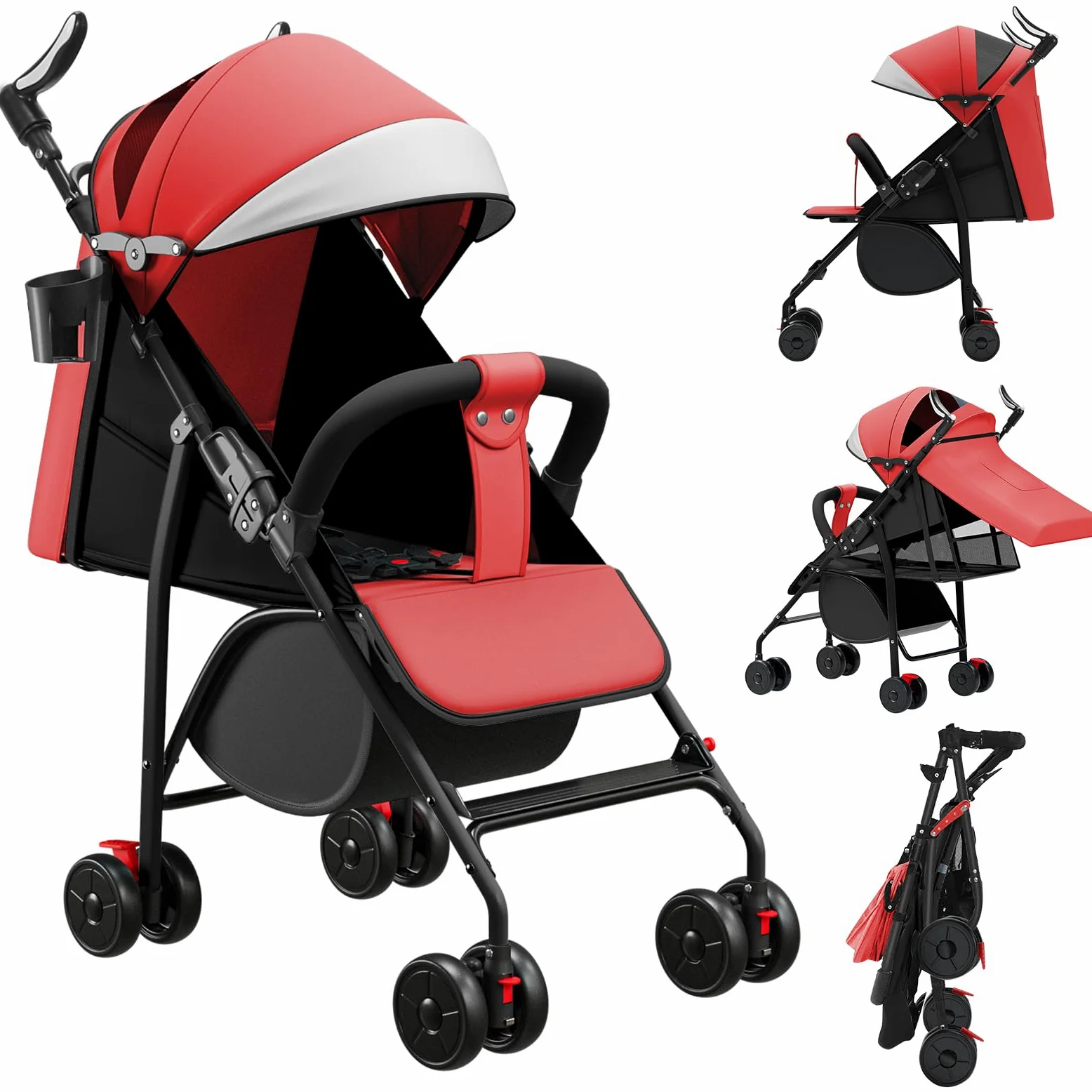 WODFARR Kompakter Buggy, Liegeposition, 0-4 Jahre, 25 kg, 4 Räder, Baumwollmatte + Moskitonetz (A, Rot)