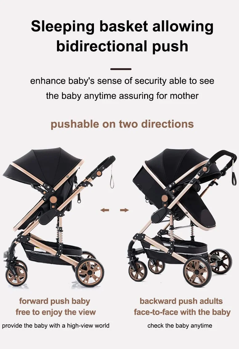 YAZOCO 3 in 1 Kinderwagen Kombikinderwagen komplettset Zusammenklappbar baby kinderwagen incl Babywanne & Buggy Sportsitz & Fußsack & Moskitonetze (Schwarz und Gold)