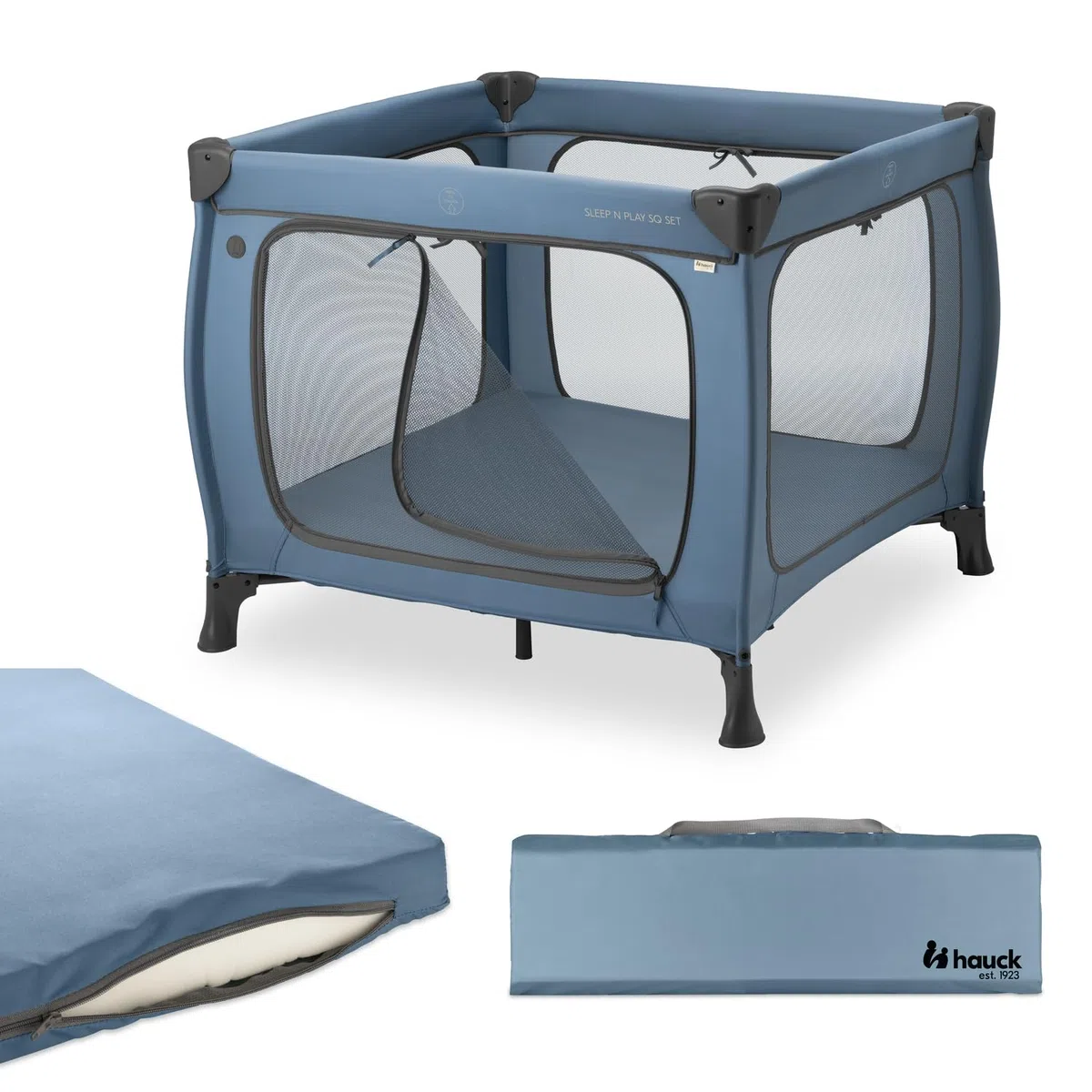 Hauck Quadratischer Reise Laufstall mit Matratze Sleep N Play SQ Dark Blue | Klein zusammenklappbar mit Tragetasche & XL Spielöffnung ab Geburt bis 15 kg / 3 jahre, 2in1 Laufgitter & Reisebett