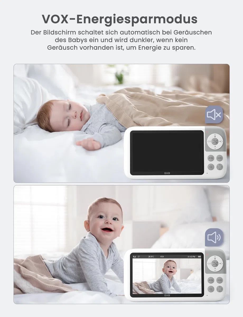 GHB Babyphone mit Kamera 5'' HD IPS Bildschirm 720P 3050mAh VOX Modus 3X Zoom Nachtsicht Gegensprechfunktion 8 Wiegenlieder 4 Kamera Unterstützt