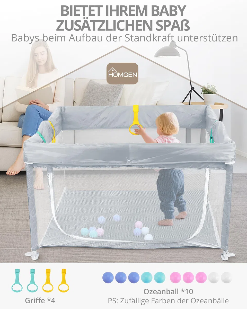 HOMGEN Laufstall Baby 120x120cm Laufgitter Faltbar Klappbares Spielgitter Tragbar Playpen Kinderlaufstall mit Abnehmbarem & Waschbarem Stoff Tasche & Spielzeug 10 Bälle 4 Griffe Für Innen/Außen
