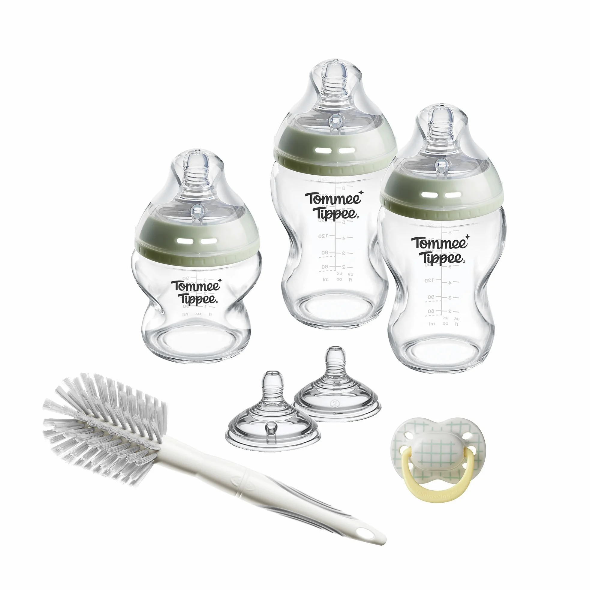 Tommee Tippee Natural Start Starterset aus Glas, Neugeborene, 150-ml- und 250-ml-Anti-Kolik-Babyflaschen mit Besonders langsamer und Langsamsauger, brustähnliche Sauger, selbststerilisierend