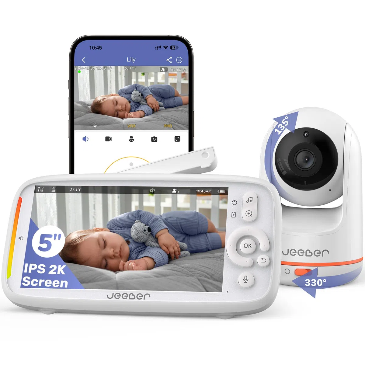 2K/3MP Babyphone mit Kamera APP, 5" WLAN Video Babyfone, HDR-Nachtsicht, Weinen/Bewegungs/Geräusch-Erkennung, Temperaturanzeige