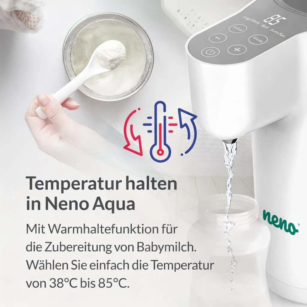 Neno Aqua Flaschenzubereiter Baby - Wasserwärmer für Unterwegs - Wasserkocher Babynahrung - Heißwasserspender zur Zubereitung von Babymilch - Wasserspender für Babyflaschen