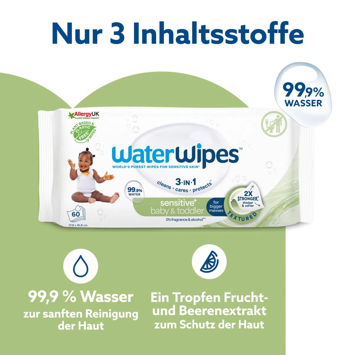 WaterWipes Sensitive+ Baby & Toddler Wipes, Baby- und Kleinkind-Feuchttücher, 720 Stück (12 Packungen), 3-in-1-Reinigung, Pflege, Schutz, 99,9% Wasser, strukturierte Reinigung, parfümfrei