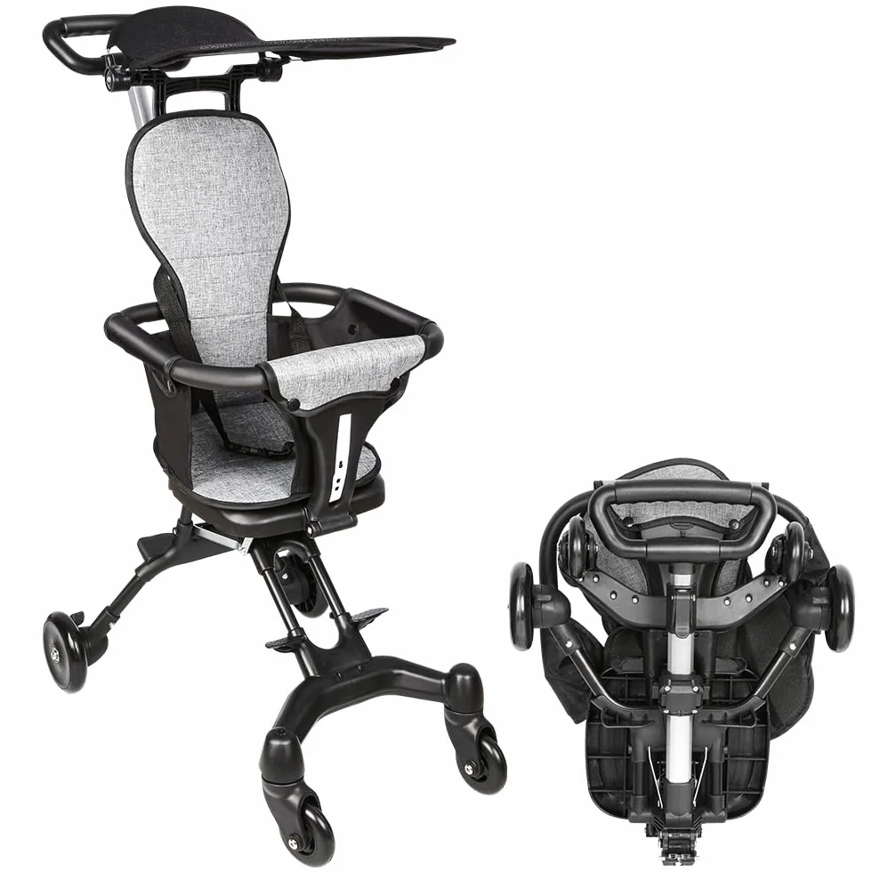 Kompakter Kinderwagen - Bis zu 25 kg, Neigbar, Faltbar mit Getränkehalter, Regenschutz, Sonnenverdeck (UPF 50+) und Einkaufskorb XL - 30 * 55 * 86,5 cm - Grau + Schwarz