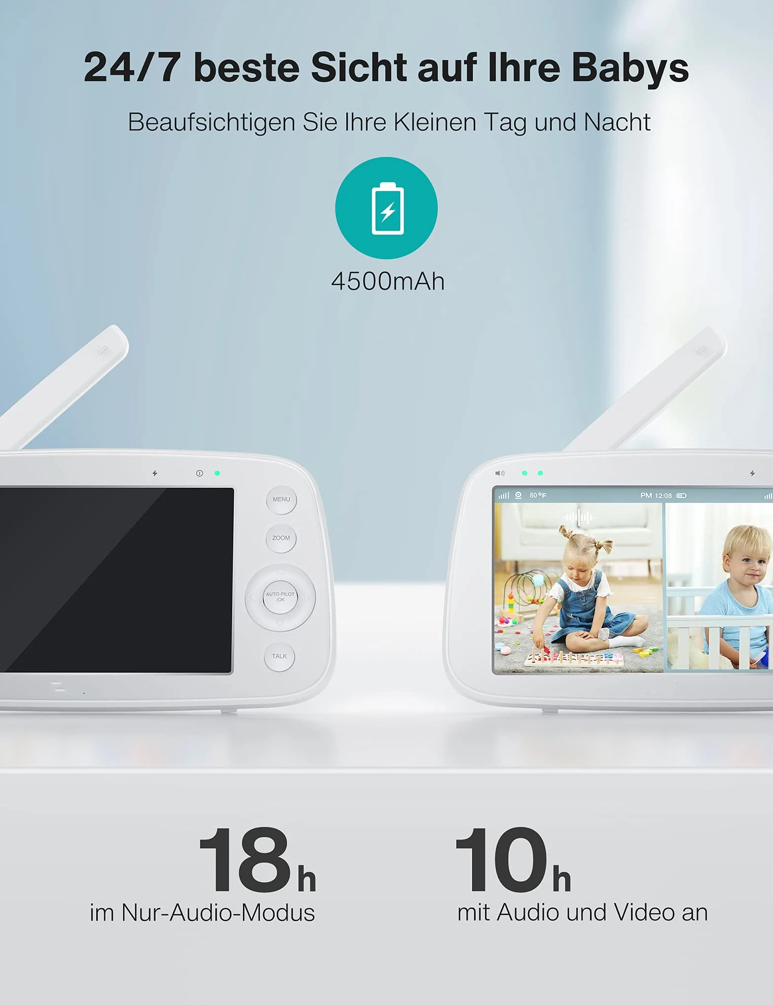Babyphone mit teilbarem Bildschirm, 5" 720P mit 2 Kameras, Audio und Video Überwachung, Schwenken Neigen Zoom, 300m Reichweite, 4500mAh Akku, Infrarot Nachtsicht und Wärmemonitor